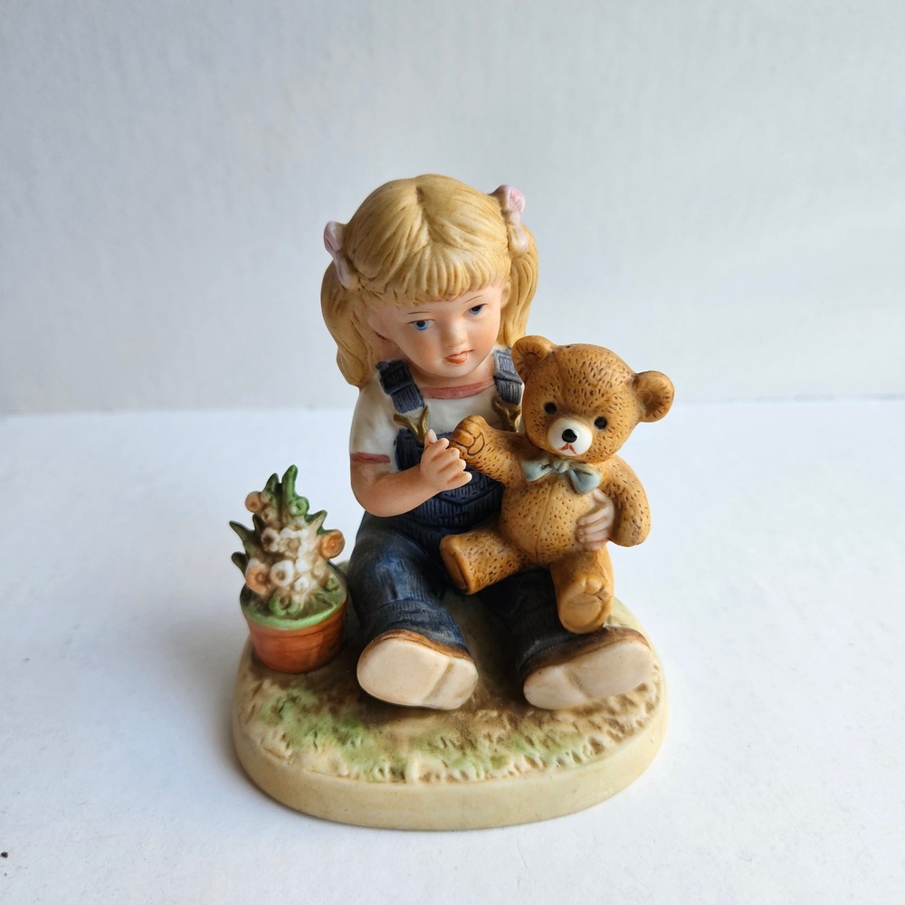 Vintageโ Homco Denim Days Figurine 1504 Girl with Teddy Bear and Flower Pot 1985